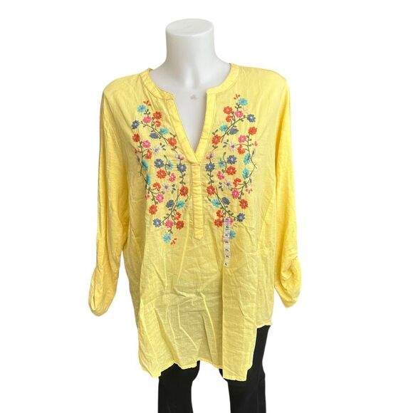 Yellow Floral Embroidered V Neck Pullover Boho Blouse by Passports XL New - Picture 1 of 9